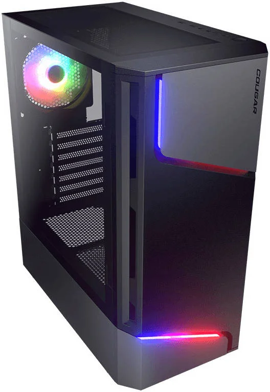 کیس کامپیوتر Cougar MX360 Dual Blades of Lightning RGB Mid Tower، پشتیبانی از رادیاتور تا 360 میلی‌متر، کارت گرافیک 315 میلی‌متر، خنک‌کننده پردازنده 170 میلی‌متر، USB 3.0 x 2، USB 2.0 x 1، صدا، دکمه RGB، مشکی | 385CC60.0001
