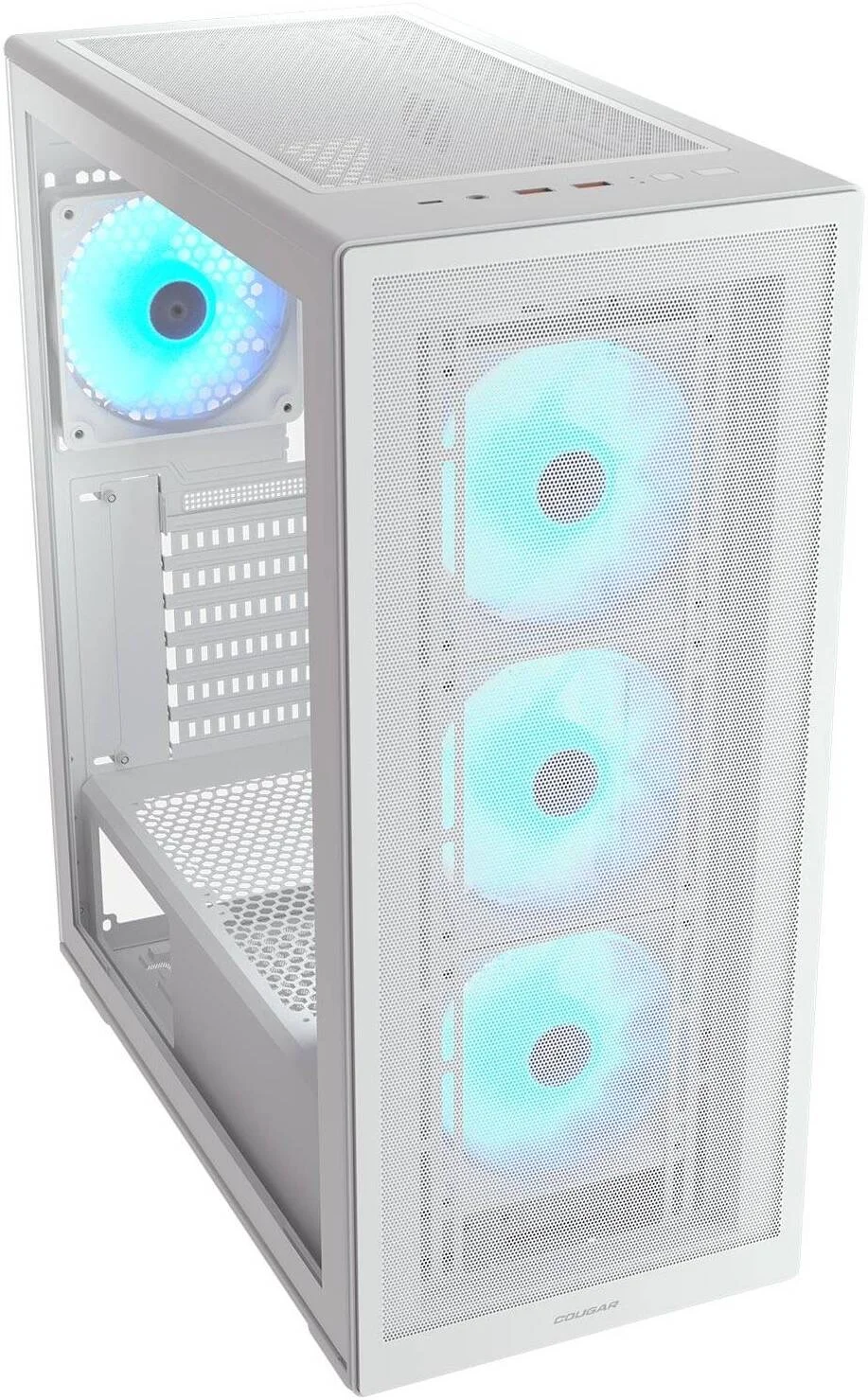 کیس کامپیوتر مید تاور Cougar MX220 RGB، دارای 4 فن 120 میلی‌متری aRGB از پیش نصب شده، پشتیبانی از رادیاتور تا 360 میلی‌متر و 6 فن، پنل جلویی مشبک فوق‌العاده باریک، سفید | 382AC80.0002