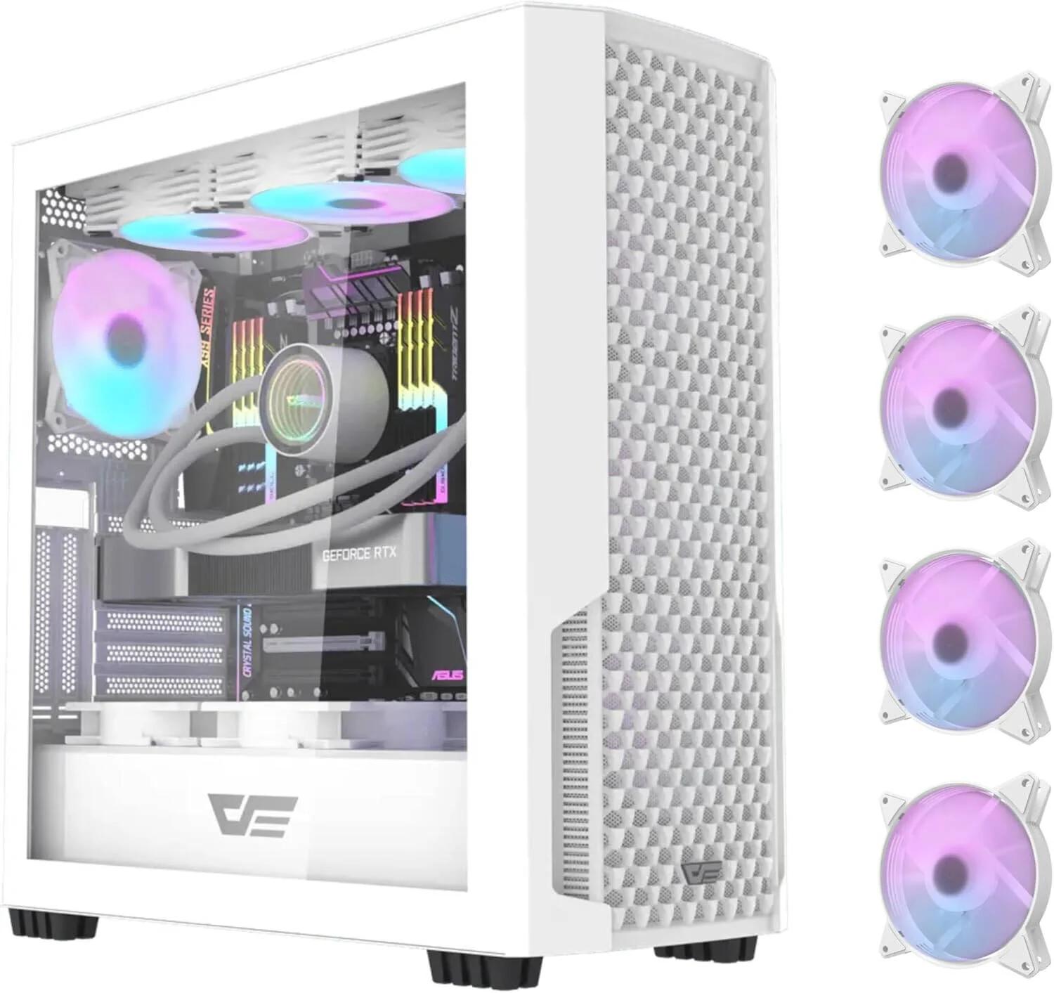 کیس کامپیوتر DarkFlash DF2100 ATX، دارای 4 فن aRGB از پیش نصب شده، پشتیبانی از رادیاتور تا 360 میلی متر و 11 فن 120 میلی متری، مواد SPCC + ABS + شیشه حرارت دیده، 3 پورت USB-A / جک صوتی 3.5 میلی متری، سفید | DF2100W