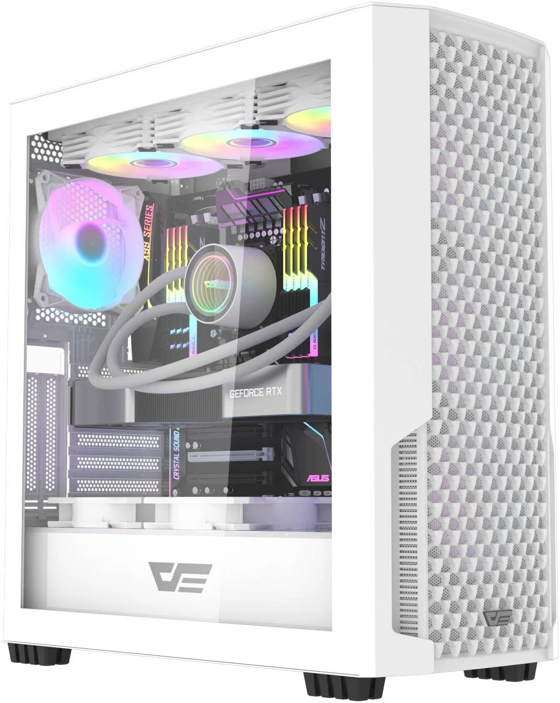 کیس کامپیوتر DarkFlash DF2100 ATX، دارای 4 فن aRGB از پیش نصب شده، پشتیبانی از رادیاتور تا 360 میلی متر و 11 فن 120 میلی متری، مواد SPCC + ABS + شیشه حرارت دیده، 3 پورت USB-A / جک صوتی 3.5 میلی متری، سفید | DF2100W