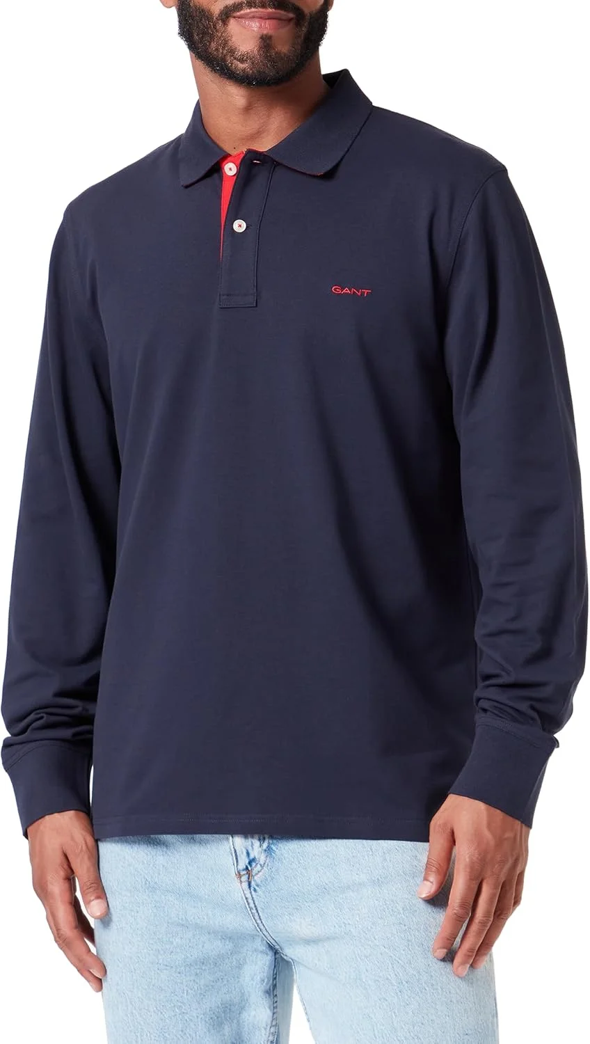 پولوشرت آستین بلند مردانه گنت مدل Reg Contrast Pique LS Rugger با لوگوی متضاد