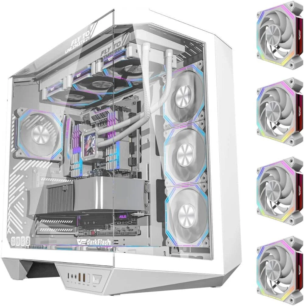 کیس کامپیوتر DarkFlash DY470 ATX، دارای 4 فن aRGB از پیش نصب شده، پشتیبانی از رادیاتورهای 360 میلی‌متری، پشتیبانی از حداکثر 10 فن 120 میلی‌متری، پنل مدیریت کابل، نمای پانورامای فراگیر 330 درجه، 3 پنل شیشه‌ای، سفید یخی | DY470