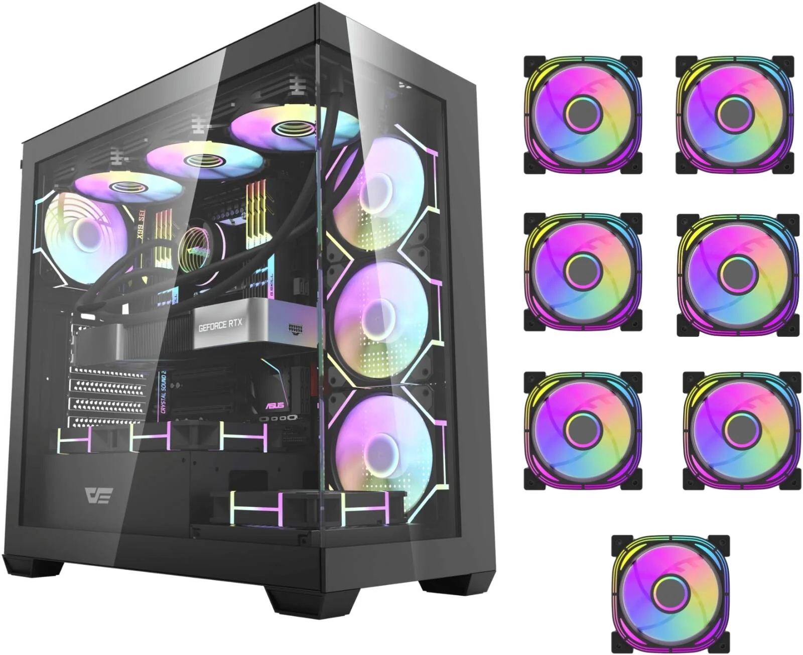 کیس کامپیوتر DarkFlash DS900 ATX، دارای 7 فن ARGB از پیش نصب شده، پشتیبانی از رادیاتور تا 360 میلی‌متر و 10 فن، جنس SPCC + شیشه حرارت دیده، مشکی | DS900-B