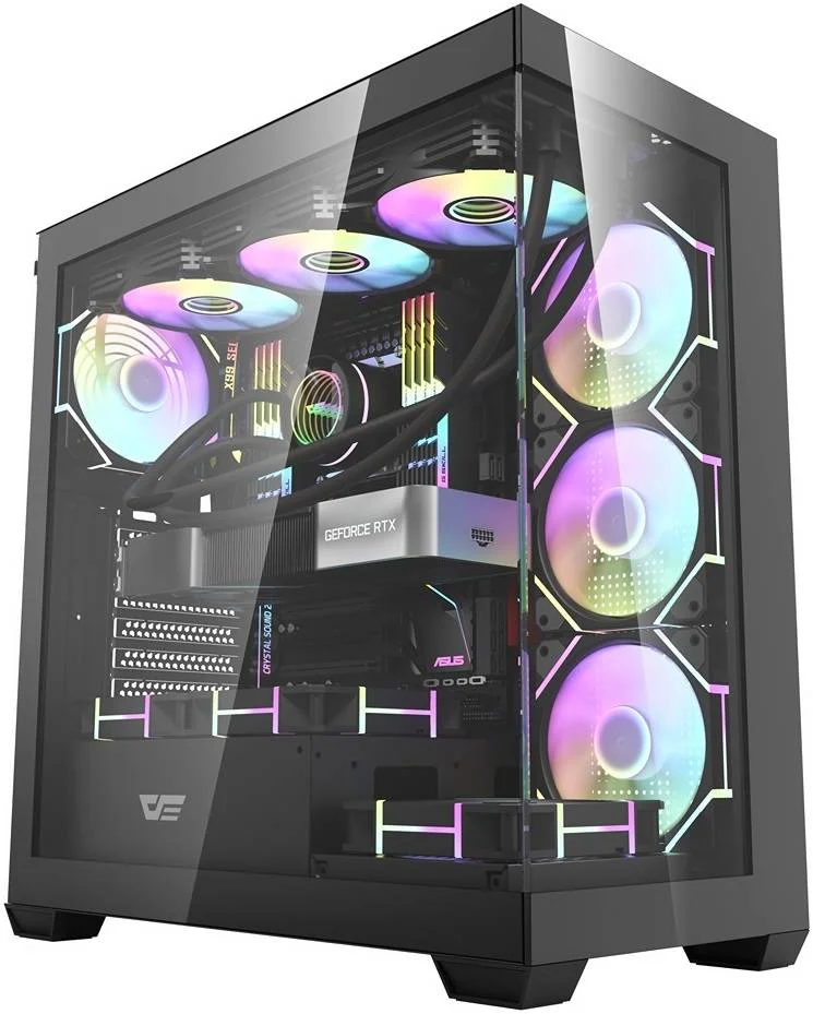 کیس کامپیوتر DarkFlash DS900 ATX، دارای 7 فن ARGB از پیش نصب شده، پشتیبانی از رادیاتور تا 360 میلی‌متر و 10 فن، جنس SPCC + شیشه حرارت دیده، مشکی | DS900-B