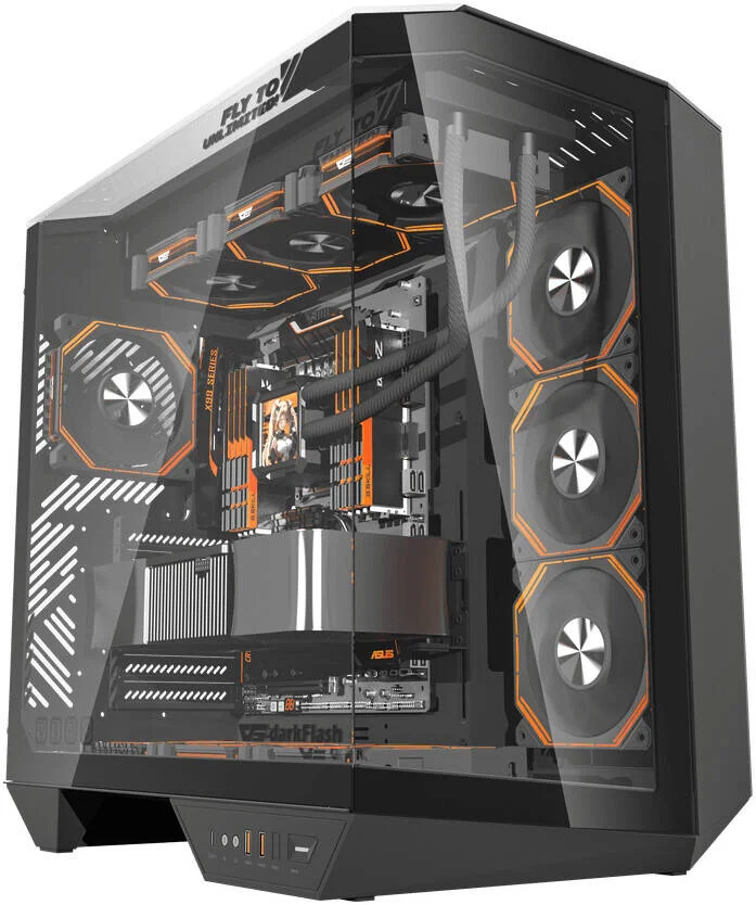 کیس کامپیوتر DarkFlash DY470 ATX، دارای 4 فن aRGB از پیش نصب شده، پشتیبانی از رادیاتورهای 360 میلی‌متری، پشتیبانی از حداکثر 10 فن 120 میلی‌متری، پنل مدیریت کابل، نمای پانورامای غوطه ور 330 درجه، 3 پنل شیشه ای، مشکی سایه ای | DY470