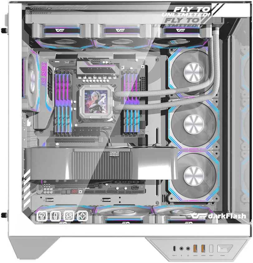 کیس کامپیوتر DarkFlash DY470 ATX، دارای 4 فن aRGB از پیش نصب شده، پشتیبانی از رادیاتورهای 360 میلی‌متری، پشتیبانی از حداکثر 10 فن 120 میلی‌متری، پنل مدیریت کابل، نمای پانورامای فراگیر 330 درجه، 3 پنل شیشه‌ای، سفید یخی | DY470