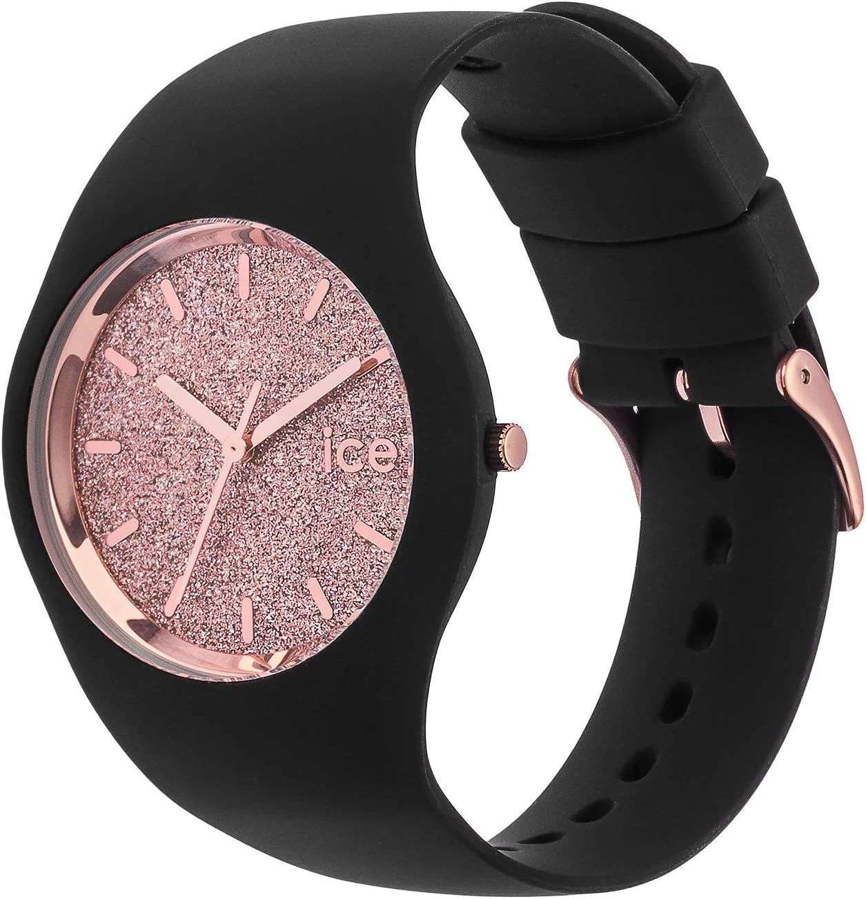 آیس-واچ - آیس گلیتر مشکی رزگلد - ساعت مچی زنانه با بند چرمی