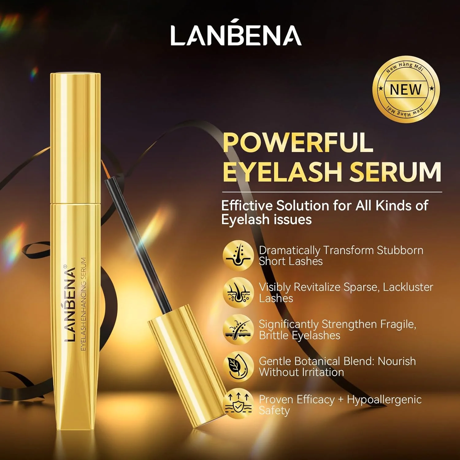 سرم تقویت مژه LANBENA - غذای طبیعی برای مژه‌های پرپشت‌تر، بلندتر و ابروهای دقیق | 3 میلی لیتر - فرمول فشرده سرد، وگان و بدون تست حیوانی