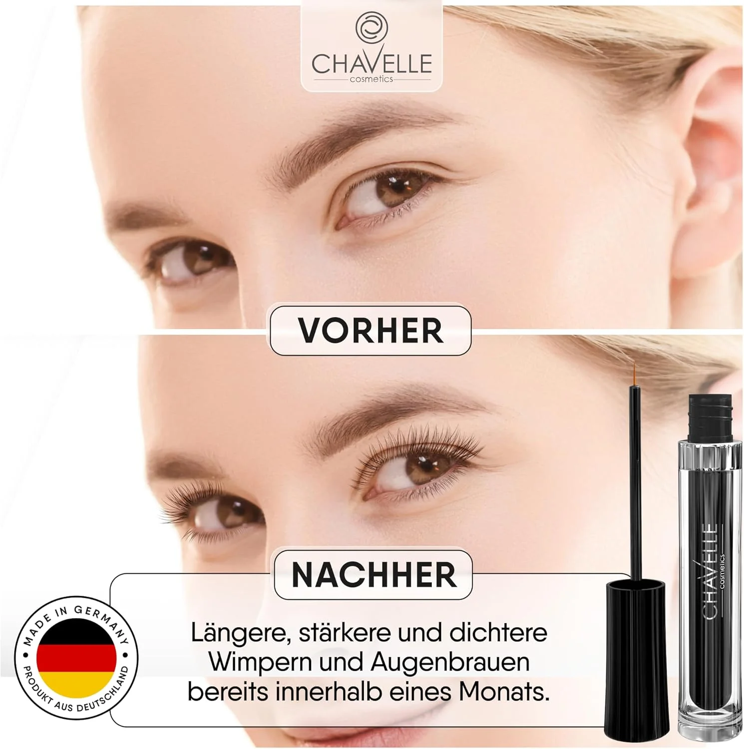 سرم رشد مژه Chavelle ساخت آلمان - تقویت کننده و محرک طبیعی و بسیار موثر برای مژه های بلندتر و ابروهای ضخیم تر I 4 میلی لیتر سرم مژه فوق العاده