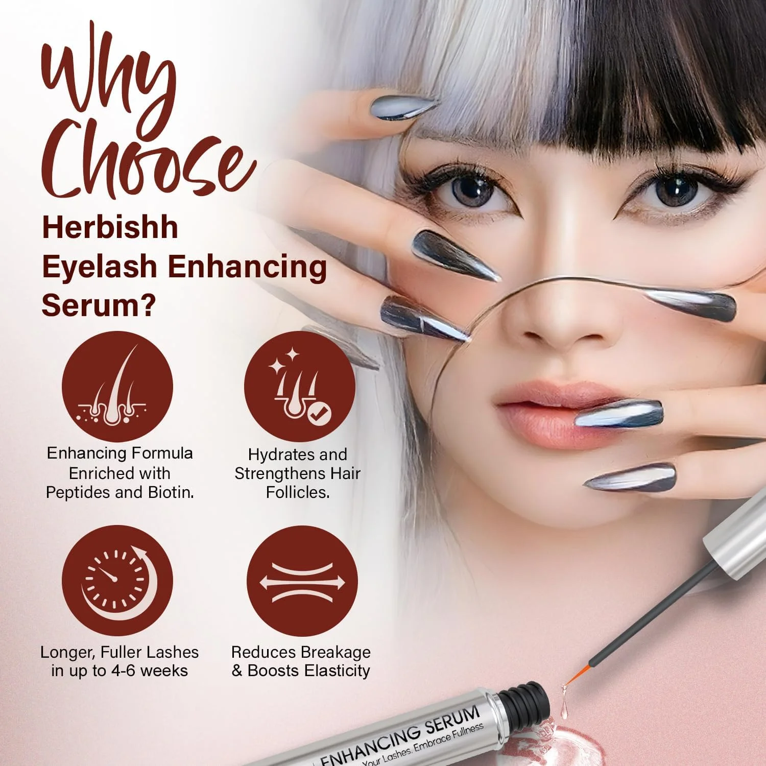 سرم تقویت کننده مژه هربیش - فرمول برای رشد مژه های بلندتر و ضخیم تر - مناسب برای اکستنشن مژه، بدون عطر، برای مژه های ضخیم تر و سالم تر، بدون سولفات، ۴ میلی لیتر