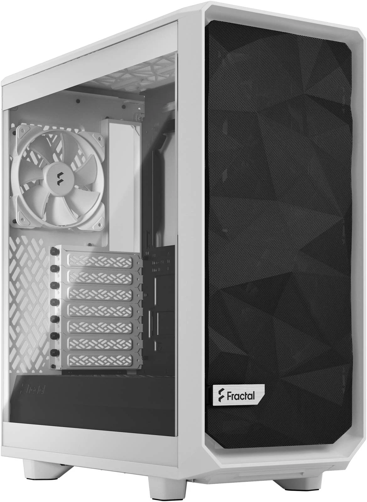 کیس کامپیوتر Fractal Design Meshify 2 Compact Lite ATX Mid Tower، طراحی مشبک زاویه دار، پنل کناری شیشه ای حرارت دیده با رنگ روشن، پشتیبانی از رادیاتور تا 360 میلی متر و 7 فن 120 میلی متری، USB Type-C، سفید | FD-C-MEL2C-04