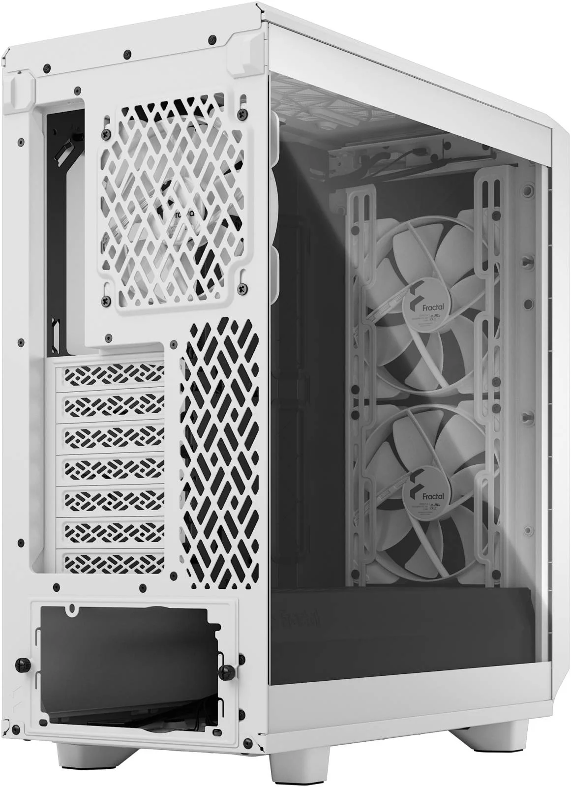 کیس کامپیوتر Fractal Design Meshify 2 Compact Lite ATX Mid Tower، طراحی مشبک زاویه دار، پنل کناری شیشه ای حرارت دیده با رنگ روشن، پشتیبانی از رادیاتور تا 360 میلی متر و 7 فن 120 میلی متری، USB Type-C، سفید | FD-C-MEL2C-04
