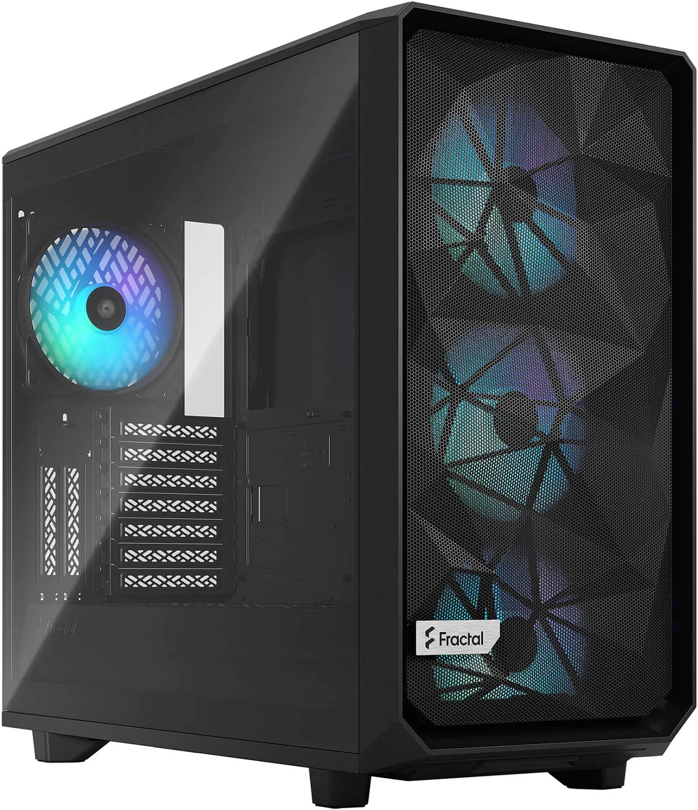 کیس مید تاور Fractal Design Meshify 2 RGB ATX، دارای 7+2 اسلات توسعه، سایز فن 120/140 میلی‌متری، پشتیبانی از رادیاتور تا 360 میلی‌متر، پنجره شیشه‌ای حرارت دیده، جایگاه نصب درایو 3.5/2.5 اینچی، مشکی | FD-C-MES2A-06