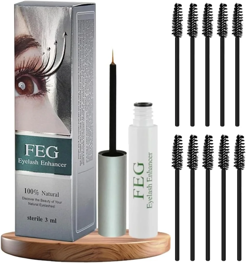 سرم تقویت کننده مژه FEG به همراه برس مژه (10 عدد)، سرم مژه، سرم رشد مژه 100% طبیعی برای رشد سریع مژه ها، سرم رشد مژه برای مژه های بلندتر، ضخیم تر و پرتر، تقویت کننده مژه 3 میلی لیتر