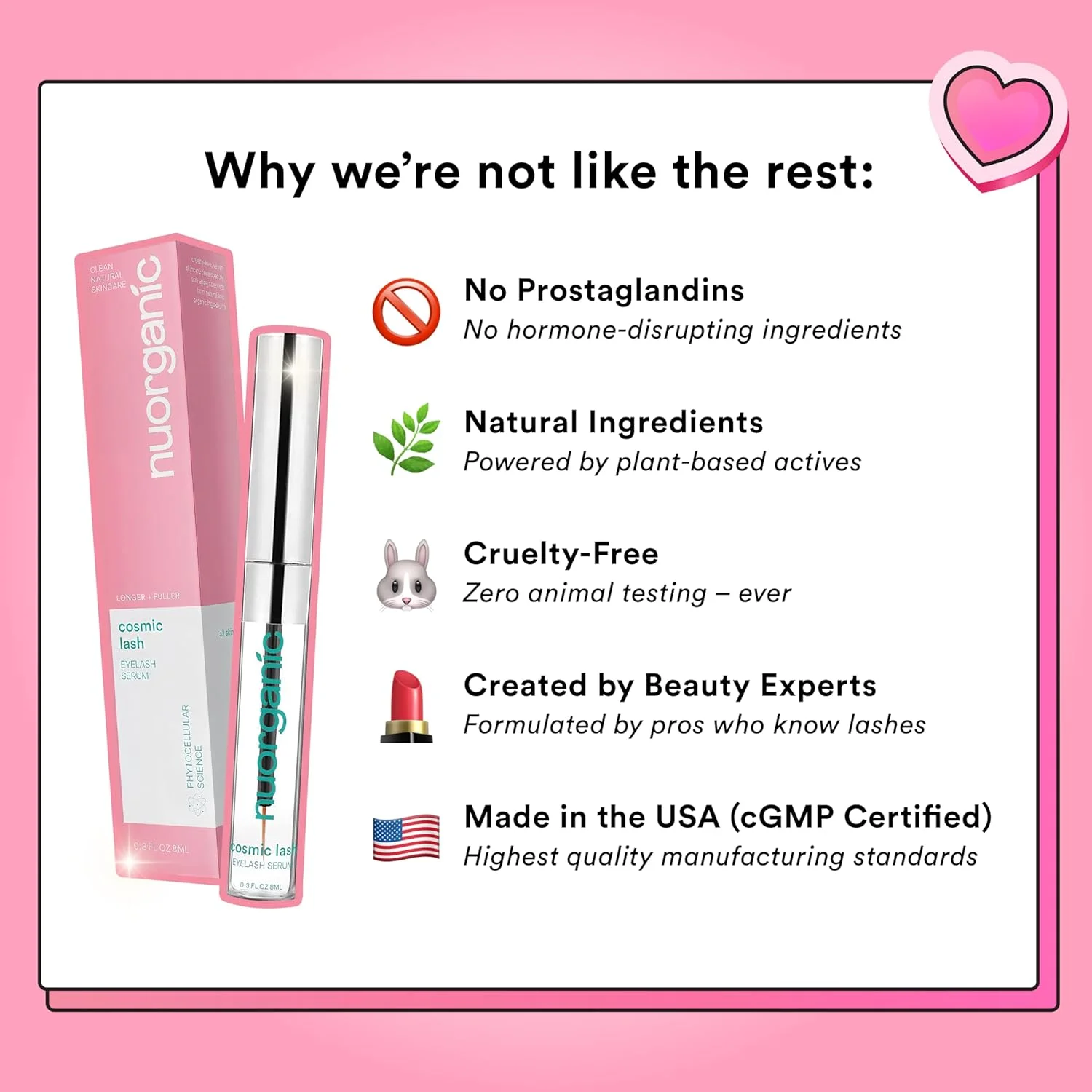 سرم مژه کازمیک بدون پروستاگلاندین | سرم رشد مژه برای مژه‌های ضخیم‌تر، بلندتر و خوش‌حالت‌تر | سایز XL مناسب برای 4 ماه | ساخت آمریکا | دارای گواهی cGMPA