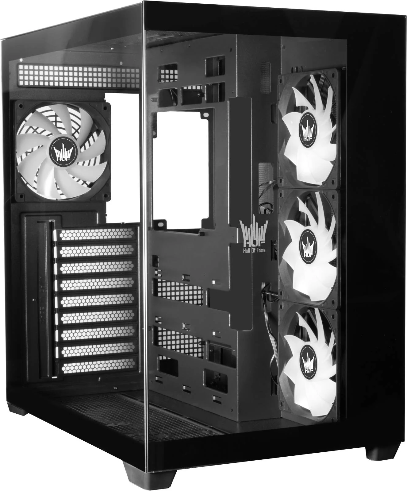 کیس کامپیوتر GALAX HOF ALLSYNQ Mid-Tower ATX، دارای 1 فن 120mm aRGB و 3 فن معکوس aRGB از پیش نصب شده، پشتیبانی از رادیاتور تا 360mm و 7 فن، پنل شیشه ای حرارت دیده، مشکی | G-CGHFASBB4AA-GXLG