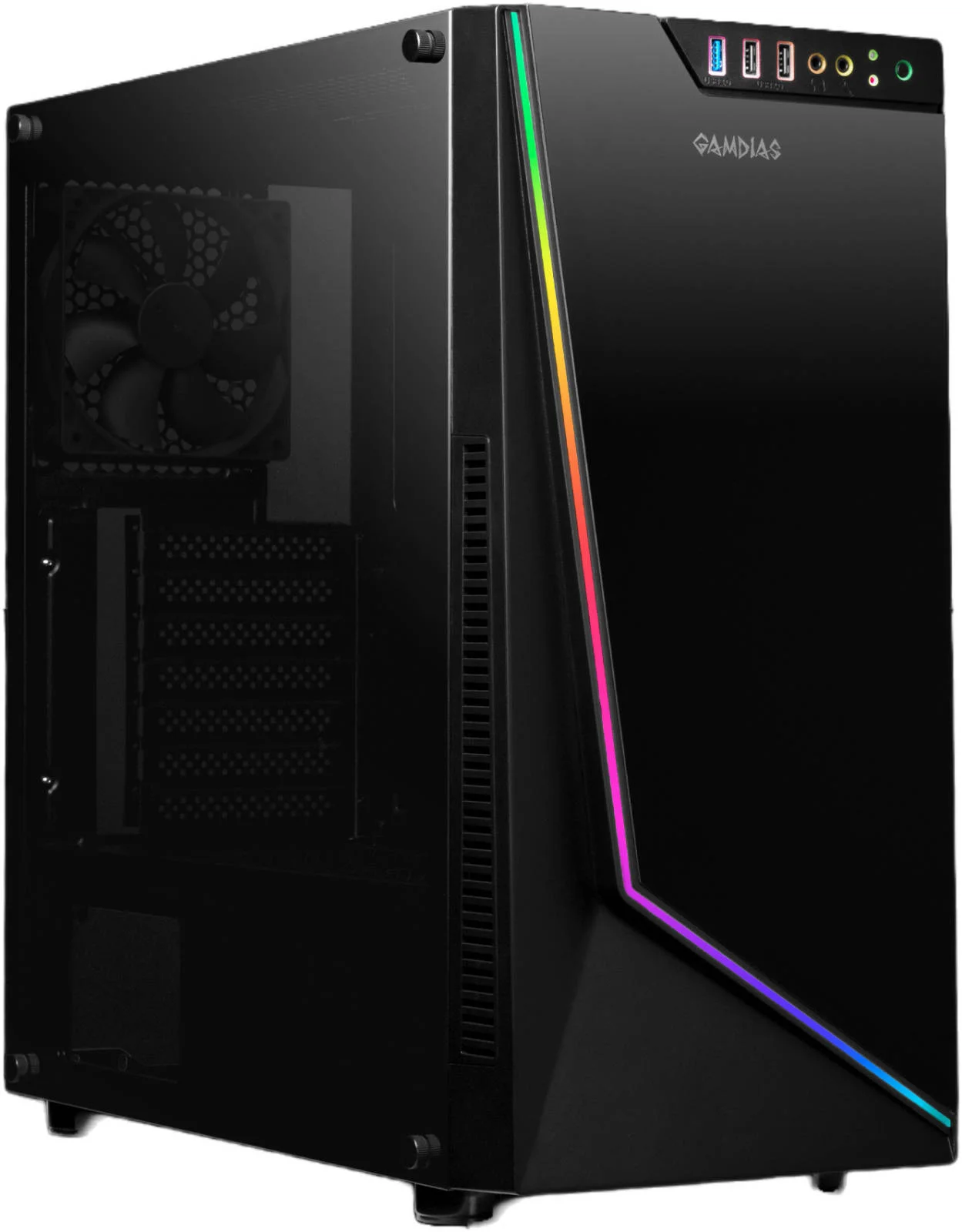 کیس مید تاور Gamdias ARGUS M1، جنس SPCC و ABS، دارای 1 فن 120 میلی‌متری داخلی، پشتیبانی از رادیاتور تا 240 میلی‌متر، نورپردازی رنگین‌کمانی RGB، مشکی | GD-ARGUS-M1