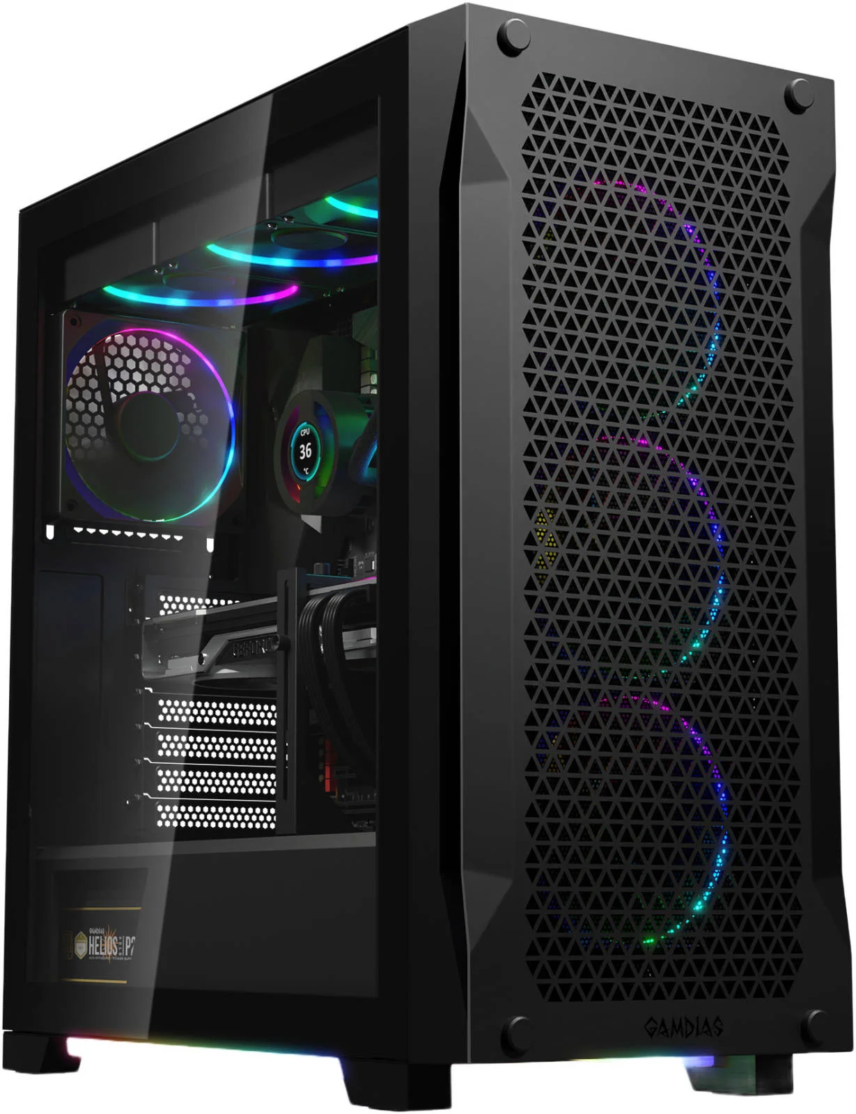 کیس کامپیوتر گیمینگ مید تاور GAMDIAS ATHENA P1 RGB ATX، شیشه حرارت دیده و طراحی جریان هوای عالی، 4 فن 120 میلی‌متری ARGB و پشتیبانی از AIO تا 360 میلی‌متر، USB 3/ USB 2 / Type C/HD Audio / کنترل LED، مشکی | GD-ATHENA-P1
