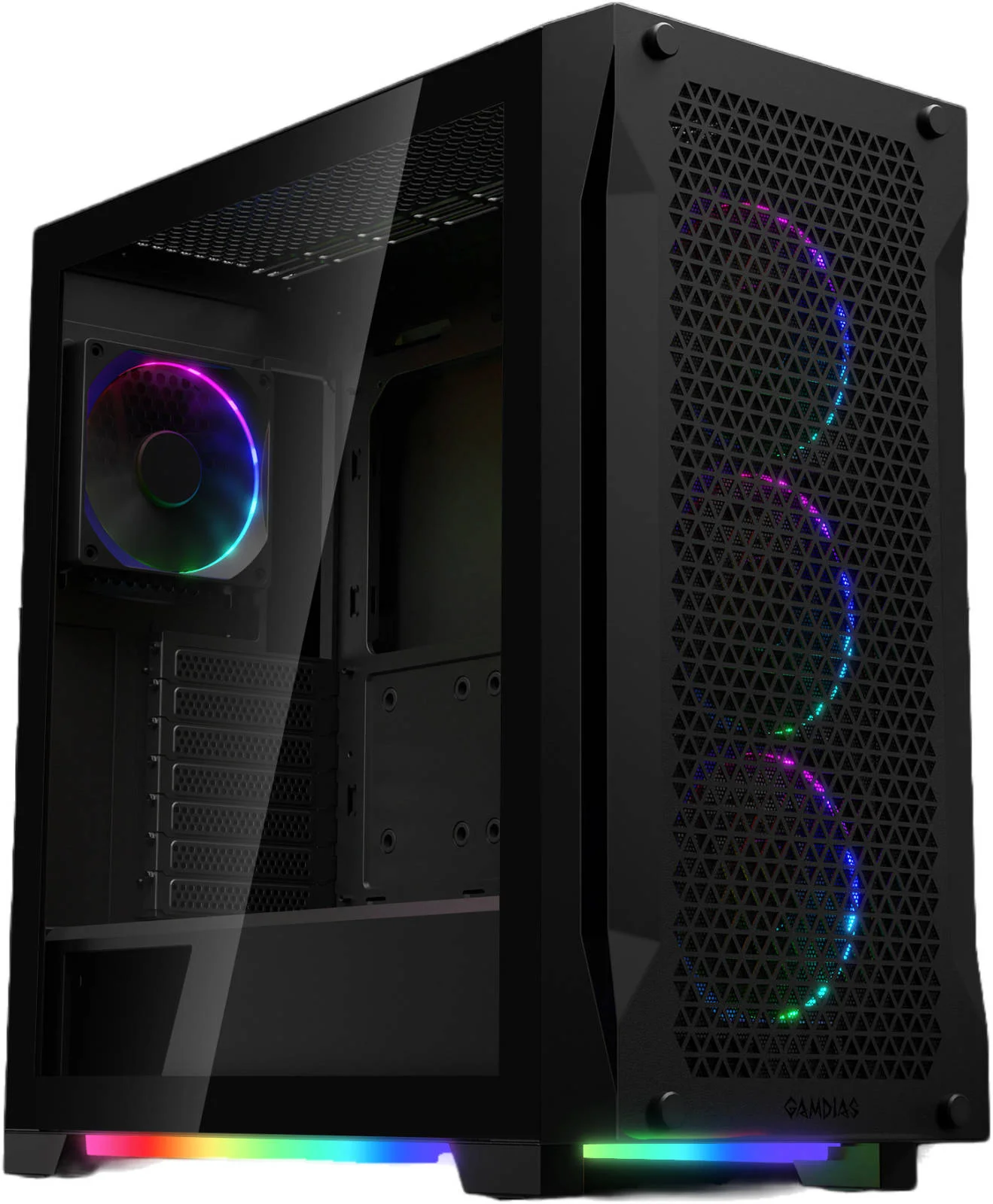 کیس کامپیوتر گیمینگ مید تاور GAMDIAS ATHENA P1 RGB ATX، شیشه حرارت دیده و طراحی جریان هوای عالی، 4 فن 120 میلی‌متری ARGB و پشتیبانی از AIO تا 360 میلی‌متر، USB 3/ USB 2 / Type C/HD Audio / کنترل LED، مشکی | GD-ATHENA-P1
