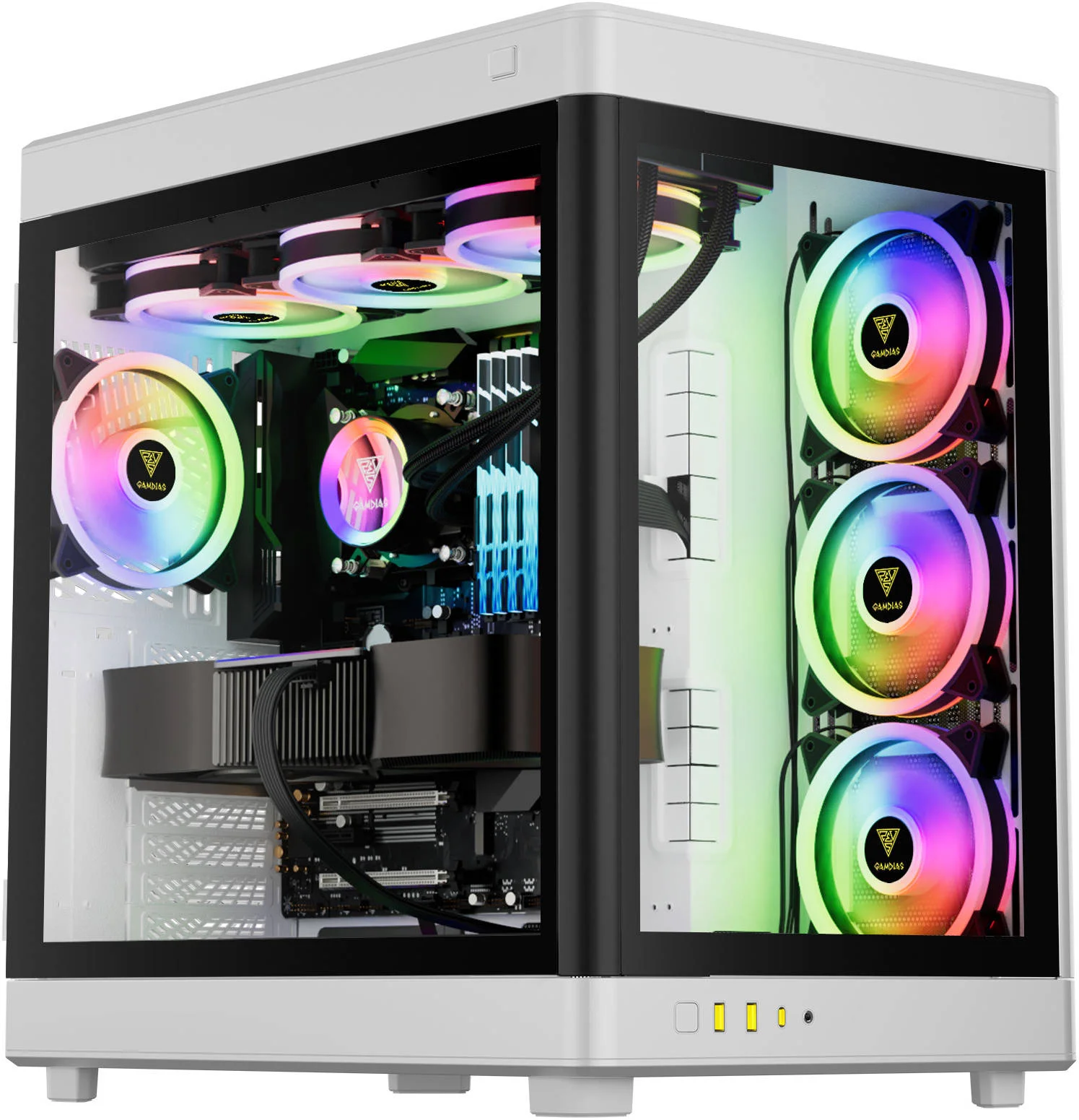 کیس کامپیوتر گیمینگ فول تاور GAMDIAS NESO P1 EATX، پنل‌های شیشه‌ای حرارت دیده پانوراما در جلو و کنار، جریان هوای بهینه، پشتیبانی از رادیاتور تا 360 میلی‌متر و 13 فن، USB 3.0/TypeC/HD Audio/LED Control، سفید | GD-NESO-P1-WH
