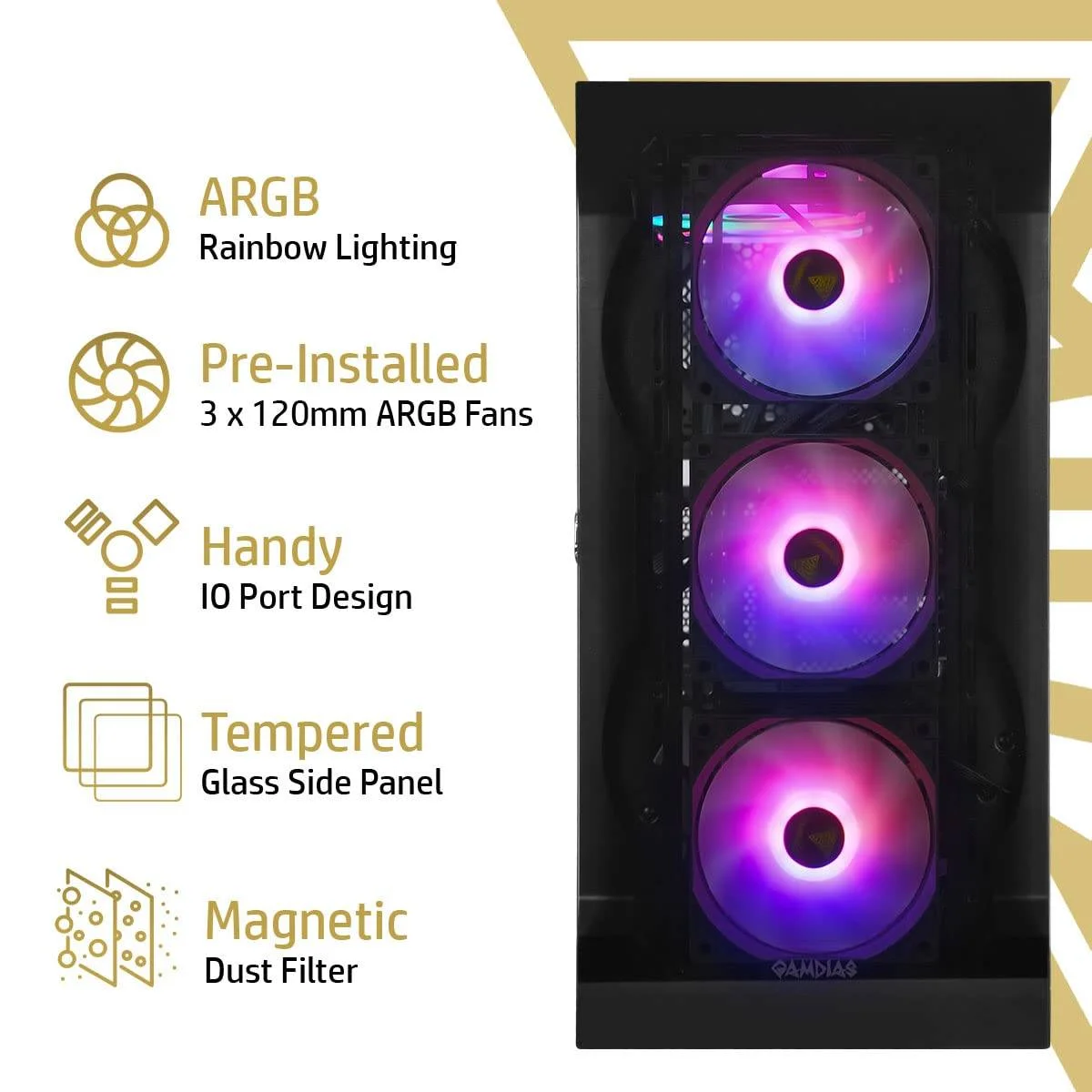 کیس کامپیوتر مید تاور Gamdias Talos E2 Elite، پنل شیشه ای حرارت دیده، درب لولایی با فیلتر گرد و غبار مغناطیسی، 3 فن ARGB 120 میلی متری داخلی، پشتیبانی از رادیاتور تا 360 میلی متر، مشکی | GD-TALOS-E2-ELITE