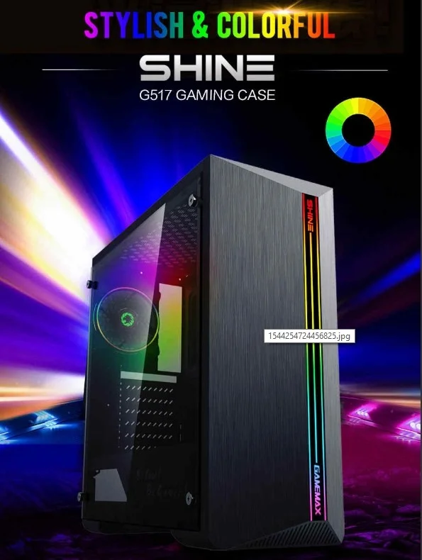 کیس GAMEMAX مدل Atx G517 Shine با ضخامت 0.5MM از جنس SPCC، دارای 3 پورت USB، یک پورت USB3.0/2.0، یک فن Dual Halo Slim Rainbow، نوار LED Rainbow در کنار شیشه ای، ابعاد 508 x 248 x 503mm | G517 Shine