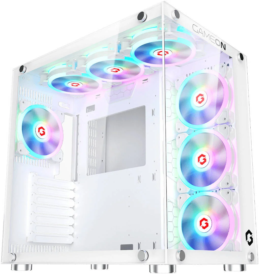 کیس گیمینگ مید تاور GAMEON سری Emperor Arctic II، دارای 7 فن aRGB از پیش نصب شده، پشتیبانی از خنک کننده AIO تا 360 میلی متر و 10 فن، شیشه حرارت دیده 0.8 میلی متری + مواد SPCC، سفید | GO-EMPERORII-A
