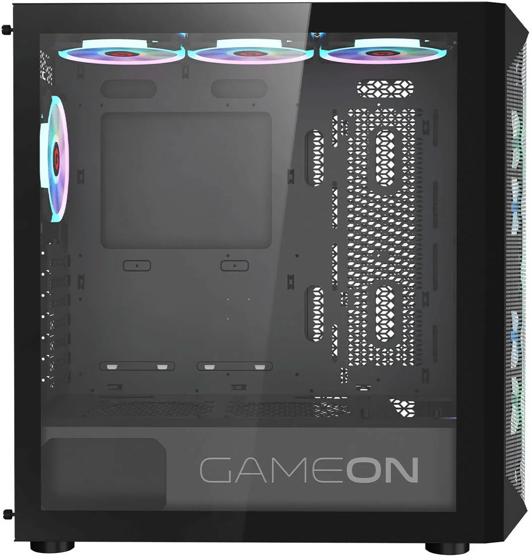 کیس مید تاور گیمینگ GAMEON Emperor Midnight I Series، دارای 7 فن 120 میلی‌متری aRGB از پیش نصب شده، پشتیبانی از رادیاتور تا 360 میلی‌متر و 9 فن، شیشه حرارت دیده 0.8 میلی‌متری + مواد SPCC، مشکی | GO-EMPERORI-M