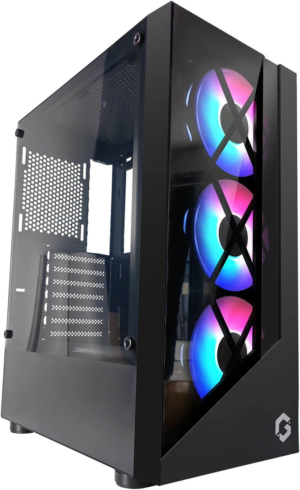 کیس گیمینگ مید تاور GameOn Trident II G-Series، دارای 3 فن RGB از پیش نصب شده، پشتیبانی از رادیاتور تا 280 میلی‌متر و 6 فن، پنل جانبی اکریلیک، جنس SPCC، فیلتر گرد و غبار، مشکی | GO-TRIDENTII-G