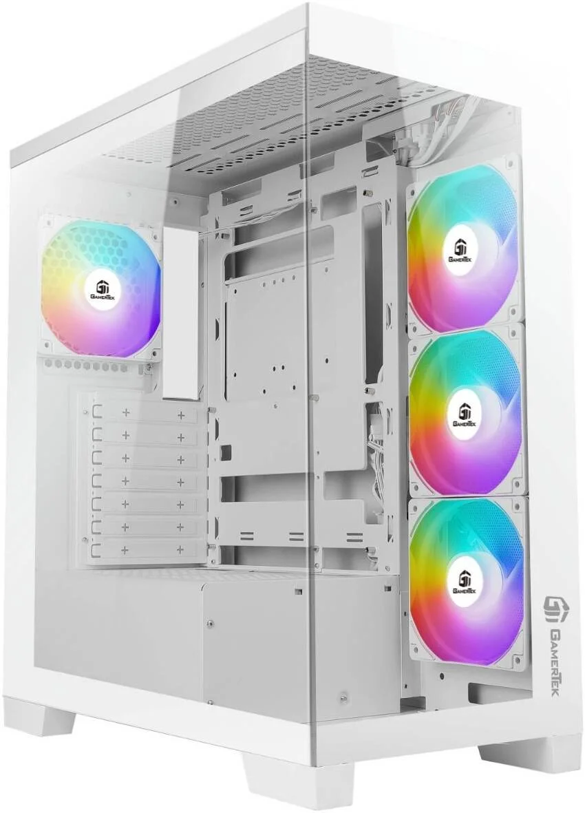 کیس کامپیوتر مید تاور GamerTek Nebula، دارای 4 فن 120 میلی‌متری aRGB از پیش نصب شده، پشتیبانی از رادیاتور تا 360 میلی‌متری و 10 فن، USB 2.0، USB 3.0، HD Audio، Type-C AIO، سفید | 616985066872