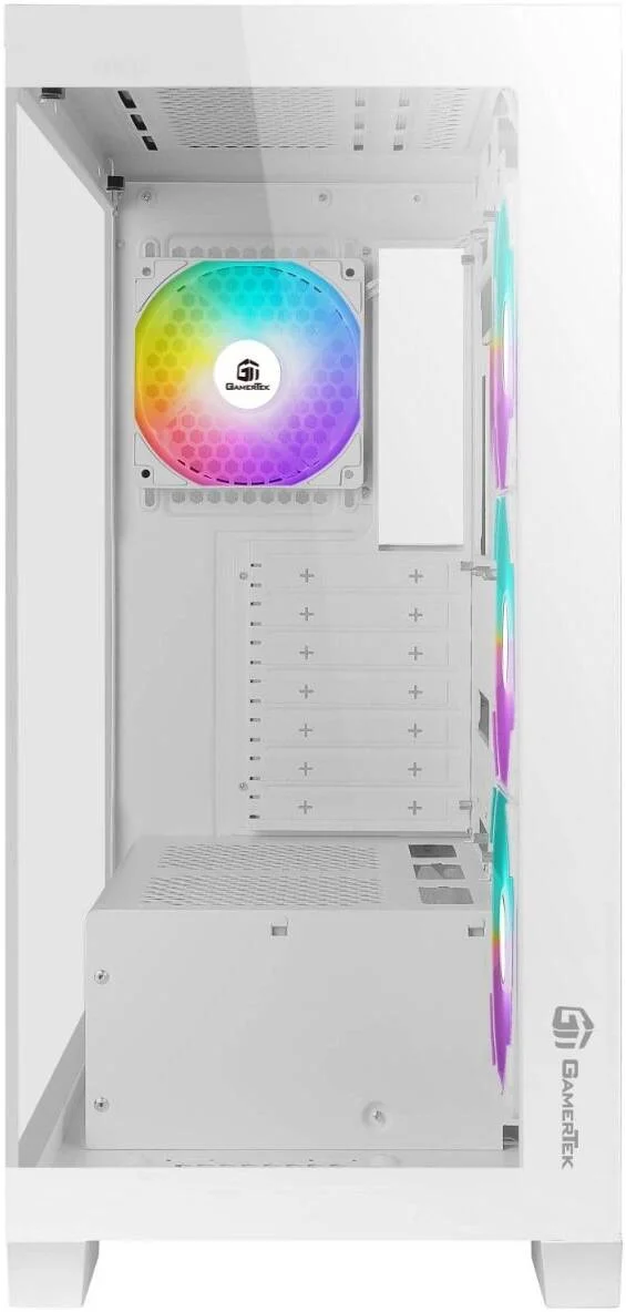 کیس کامپیوتر مید تاور GamerTek Nebula، دارای 4 فن 120 میلی‌متری aRGB از پیش نصب شده، پشتیبانی از رادیاتور تا 360 میلی‌متری و 10 فن، USB 2.0، USB 3.0، HD Audio، Type-C AIO، سفید | 616985066872