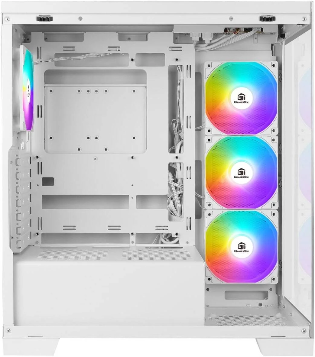 کیس کامپیوتر مید تاور GamerTek Nebula، دارای 4 فن 120 میلی‌متری aRGB از پیش نصب شده، پشتیبانی از رادیاتور تا 360 میلی‌متری و 10 فن، USB 2.0، USB 3.0، HD Audio، Type-C AIO، سفید | 616985066872