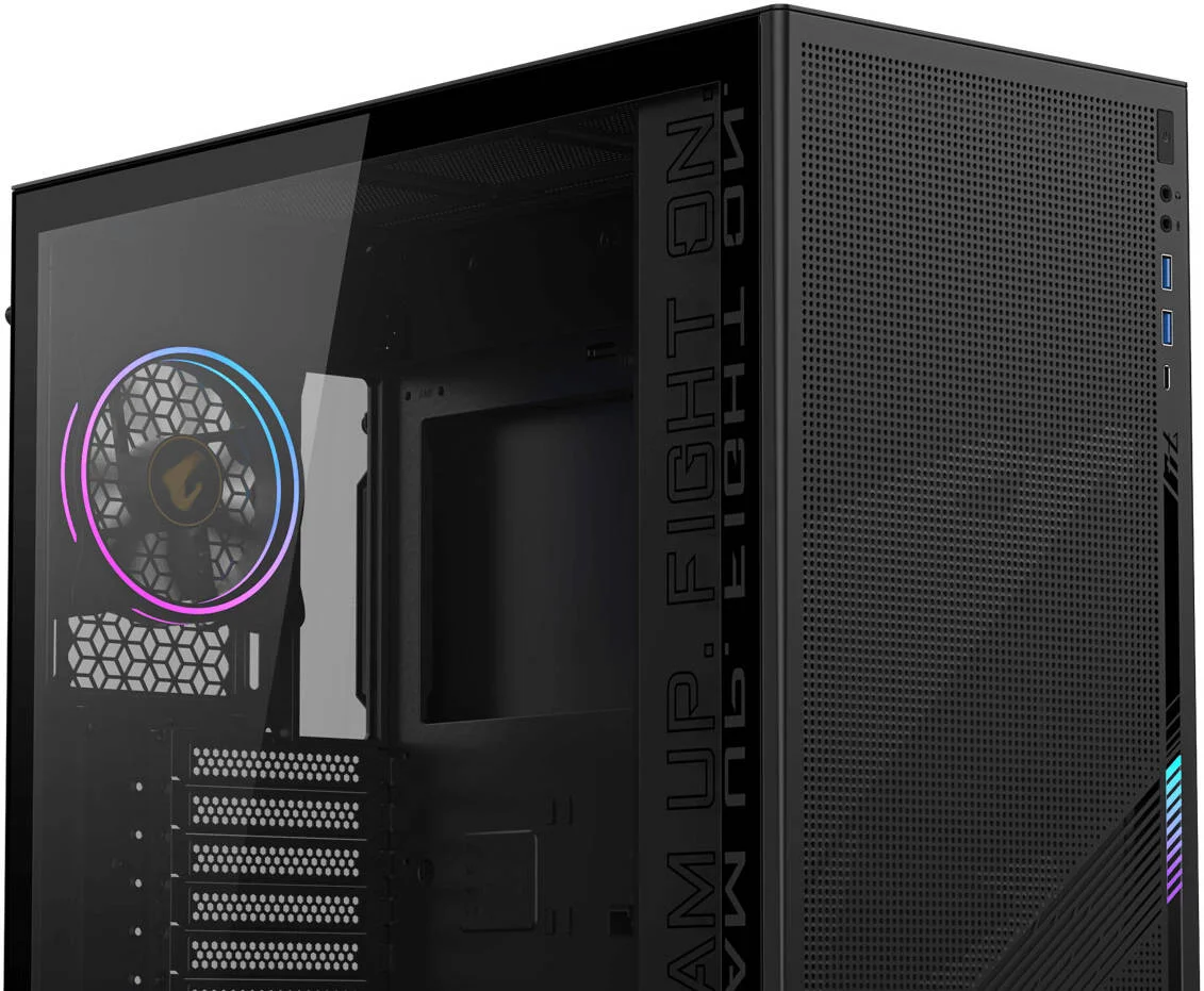 کیس کامپیوتر GIGABYTE AORUS C400 GLASS، پشتیبانی از Mini ITX، Micro ATX و ATX، نورپردازی RGB، فیلترهای گرد و غبار، نصب عمودی کارت گرافیک، مشکی | AC400G-ATX
