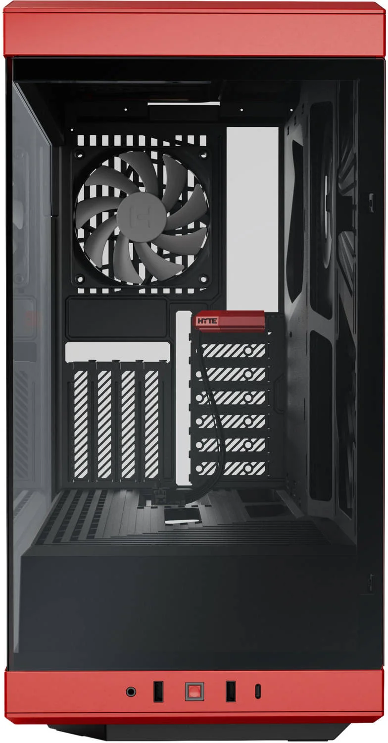 کیس کامپیوتر گیمینگ HYTE Y40 با طراحی مدرن و شیشه حرارت دیده پانوراما، پشتیبانی از رادیاتور تا 360 میلی‌متر و 7 فن 120 میلی‌متری، پشتیبانی از کارت گرافیک عمودی، USB Type-C، مشکی-قرمز | CS-HYTE-Y40-BR