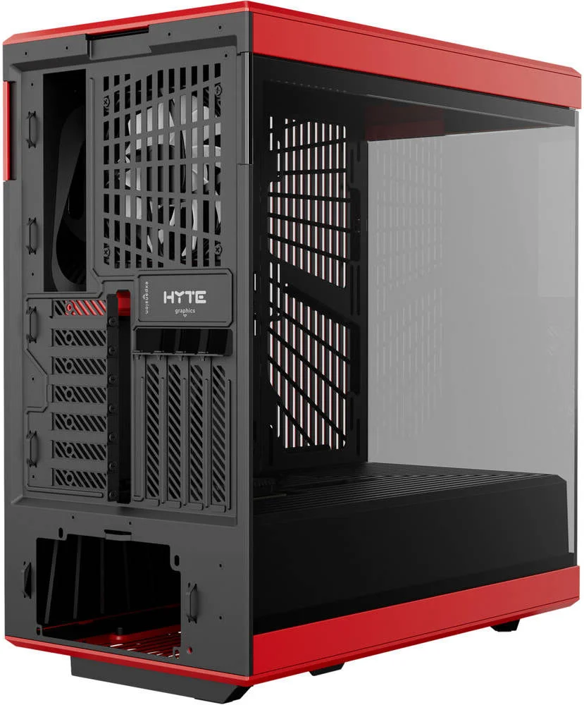 کیس کامپیوتر گیمینگ HYTE Y40 با طراحی مدرن و شیشه حرارت دیده پانوراما، پشتیبانی از رادیاتور تا 360 میلی‌متر و 7 فن 120 میلی‌متری، پشتیبانی از کارت گرافیک عمودی، USB Type-C، مشکی-قرمز | CS-HYTE-Y40-BR