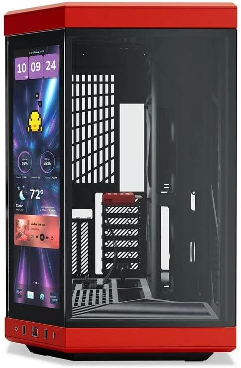کیس کامپیوتر ATX Mid-Tower دو محفظه ای HYTE Y70 Touch Infinite، صفحه نمایش لمسی 14.5 اینچی 688 x 2560 (2.5K)، پشتیبانی از حداکثر 10 فن و رادیاتور 360 میلی متری، قرمز-مشکی | CS-HYTE-Y70TI-RB