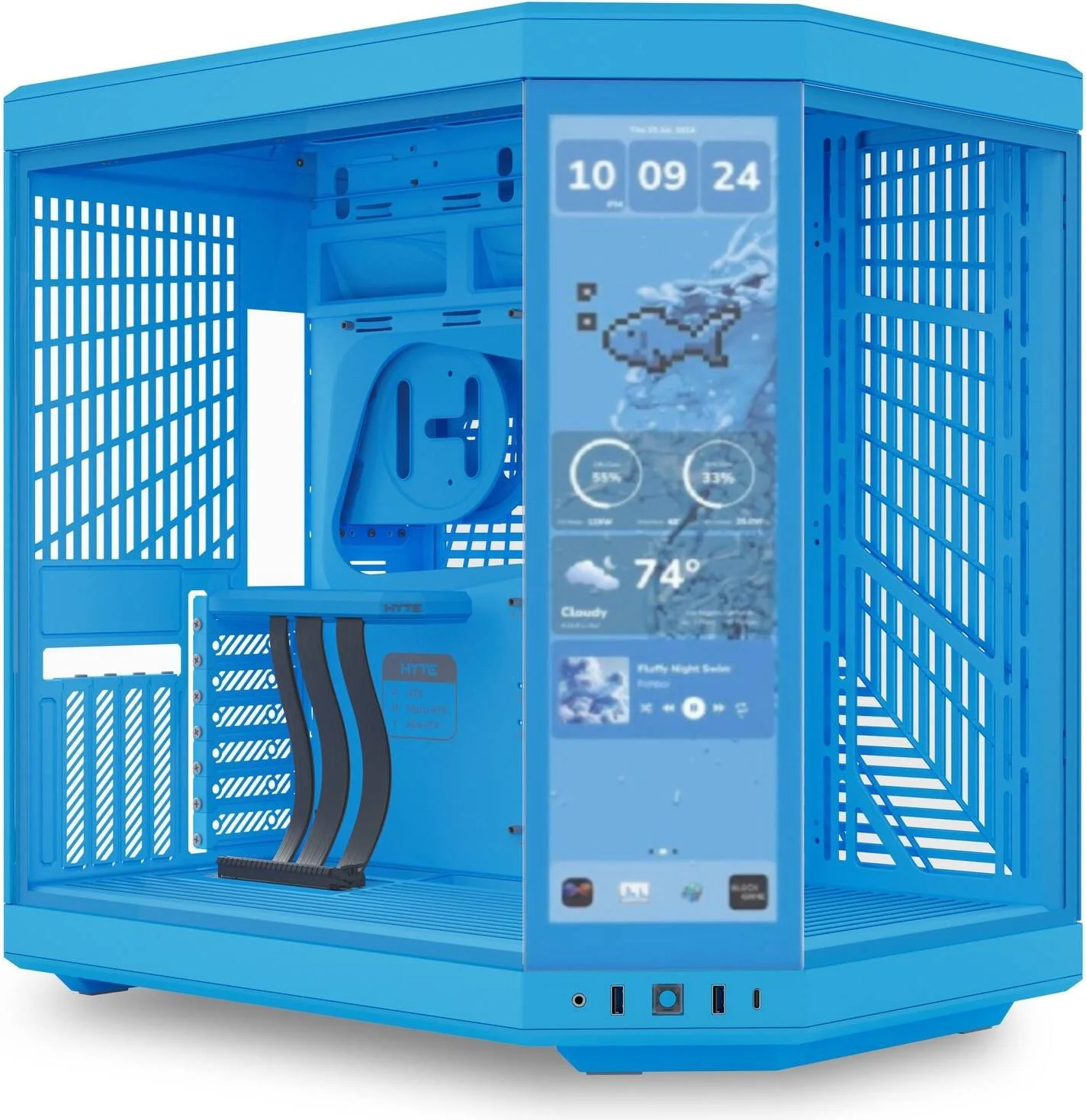 کیس گیمینگ مید تاور ATX دو محفظه ای HYTE Y70 Touch Infinite، پشتیبانی از رادیاتور تا 360 میلی متر و 10 فن 120 میلی متری، Nexus Touch، 1x USB-C 3.2 Gen 2، 2x USB-A 3.2 Gen 1، Blueberry Milk | CS-HYTE-Y70-BM