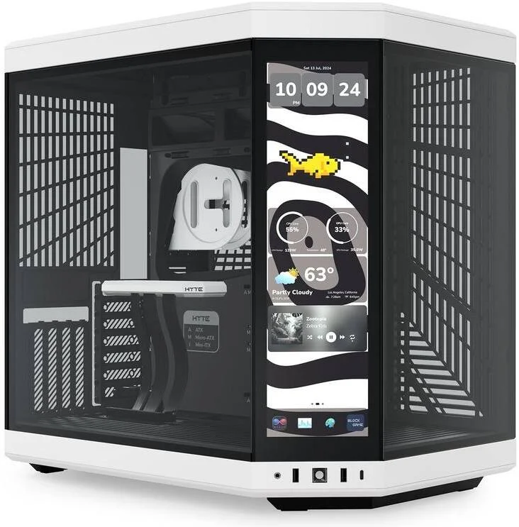 کیس کامپیوتر HYTE Y70 تاچ Infinite Dual Chamber Mid-Tower ATX، نمایشگر لمسی ۱۴.۵ اینچی ۶۸۸ در ۲۵۶۰ (2.5K)، پشتیبانی از حداکثر ۱۰ فن و رادیاتور ۳۶۰ میلی‌متری، سفید-مشکی | CS-HYTEY70TTI-WB