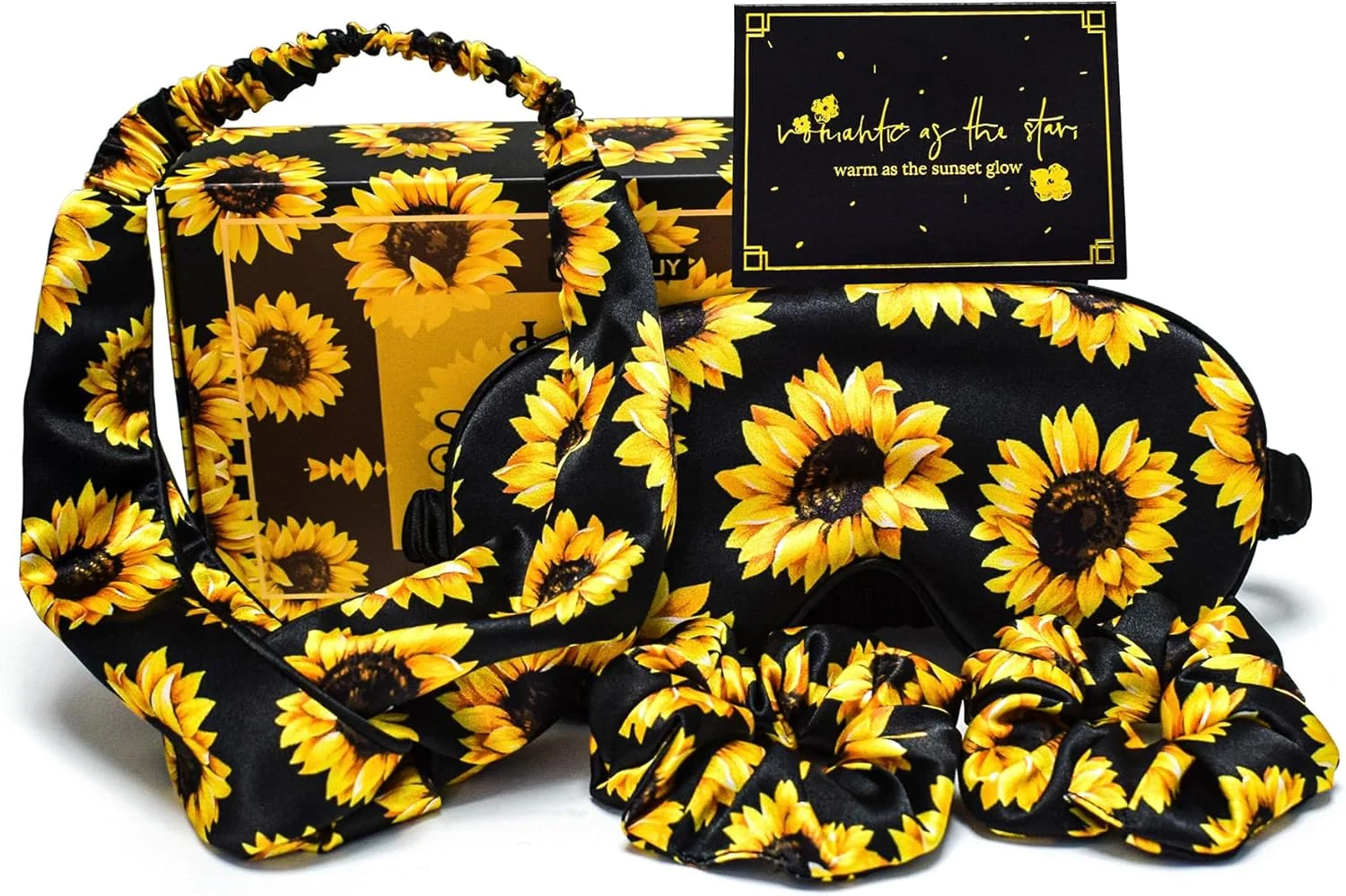 مجموعه هدیه با طرح آفتابگردان برای خانم ها، جعبه هدیه ارسال آفتاب با هدبند ابریشمی، کش مو و چشم بند خواب برای تولد، کریسمس، روز ولنتاین، ایده های هدیه روز مادر