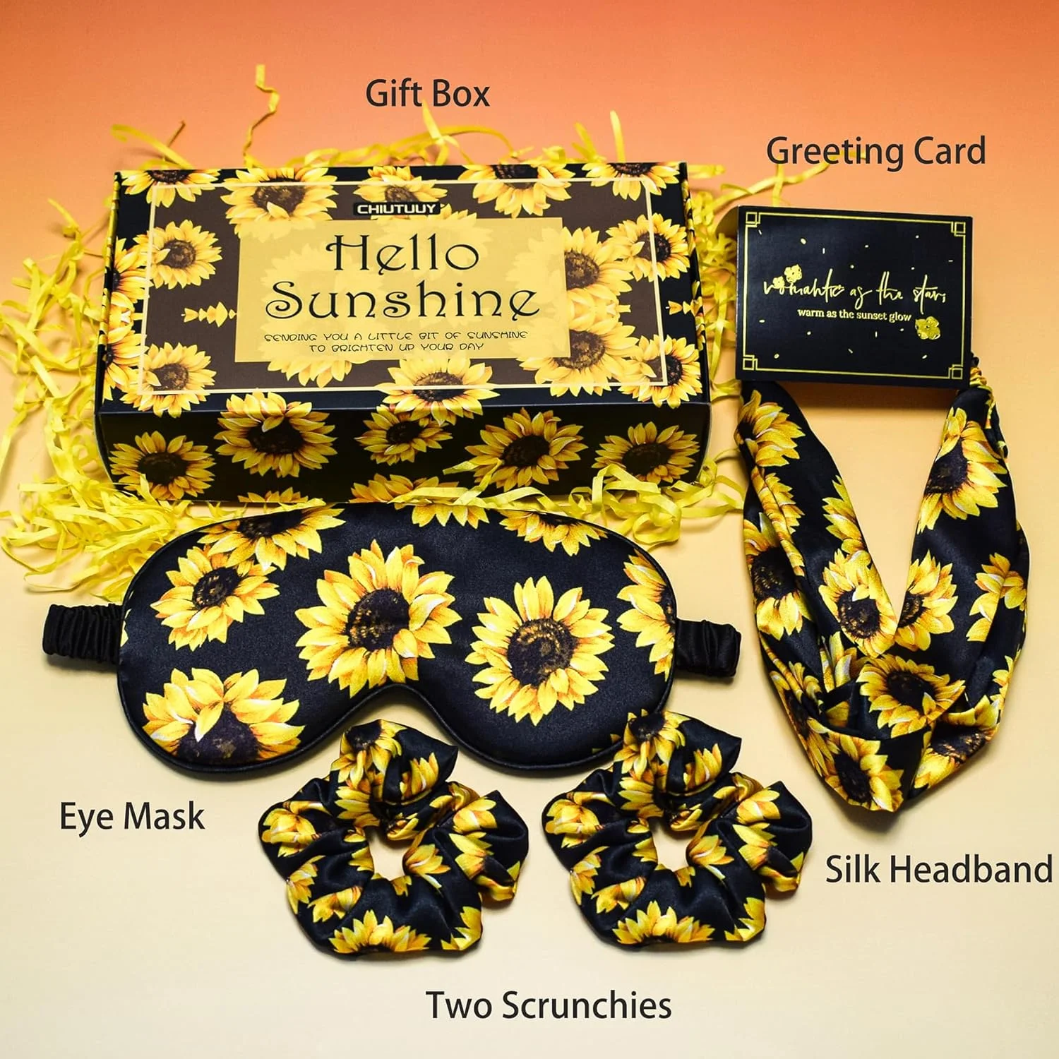 مجموعه هدیه با طرح آفتابگردان برای خانم ها، جعبه هدیه ارسال آفتاب با هدبند ابریشمی، کش مو و چشم بند خواب برای تولد، کریسمس، روز ولنتاین، ایده های هدیه روز مادر