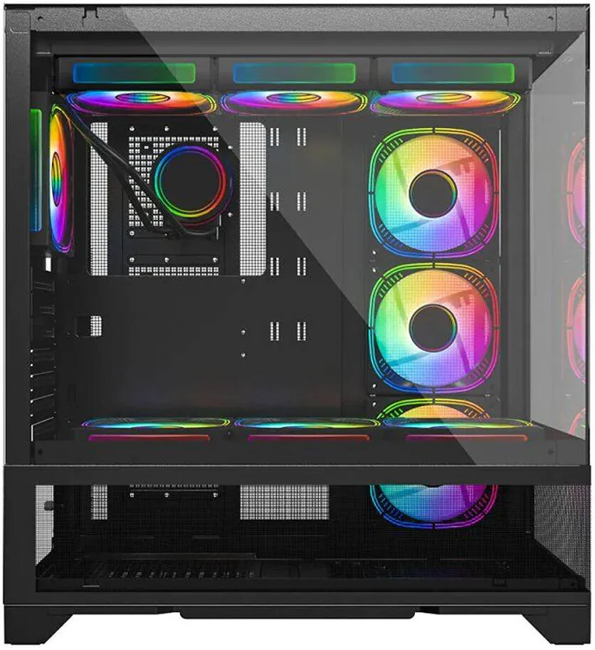 کیس کامپیوتر مید تاور KGaming 245-3-B، دارای 4 فن M9-M-Infinity aRGB، پشتیبانی از رادیاتور تا 420 میلی‌متر و 9 فن، فیلتر گرد و غبار بالا و پایین، پنل کناری و جلویی شیشه‌ای، مشکی | 245-3-B