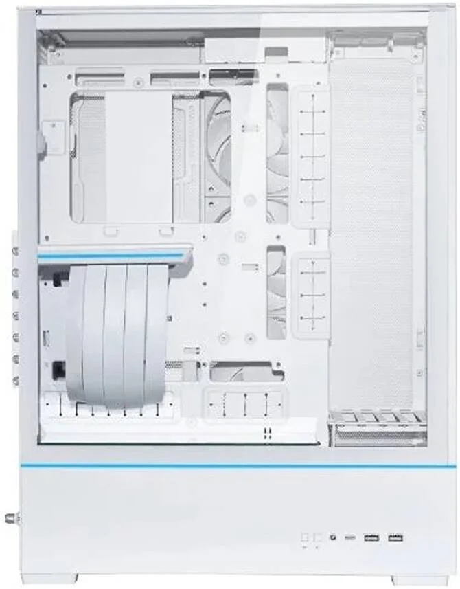 کیس کامپیوتر Lian-Li SUP01 Small Tower ATX، طراحی پلتفرم ایستاده، نصب کارت گرافیک در جلو، دارای 3 فن 120 میلی‌متری PWM و کابل رایزر PCIe 4.0، سه پنل مشبک جانبی، دو نوار نور ARGB، سفید | G99.SUP01W.00