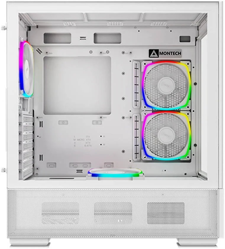 کیس کامپیوتر Montech Sky Two aRGB ATX Mid Tower، پشتیبانی از رادیاتور تا 360 میلی‌متر، دارای 4 فن PWM از پیش نصب شده، فیلتر گرد و غبار جانبی و زیرین، مدیریت کابل داخلی، سفید | SKY TWO WH