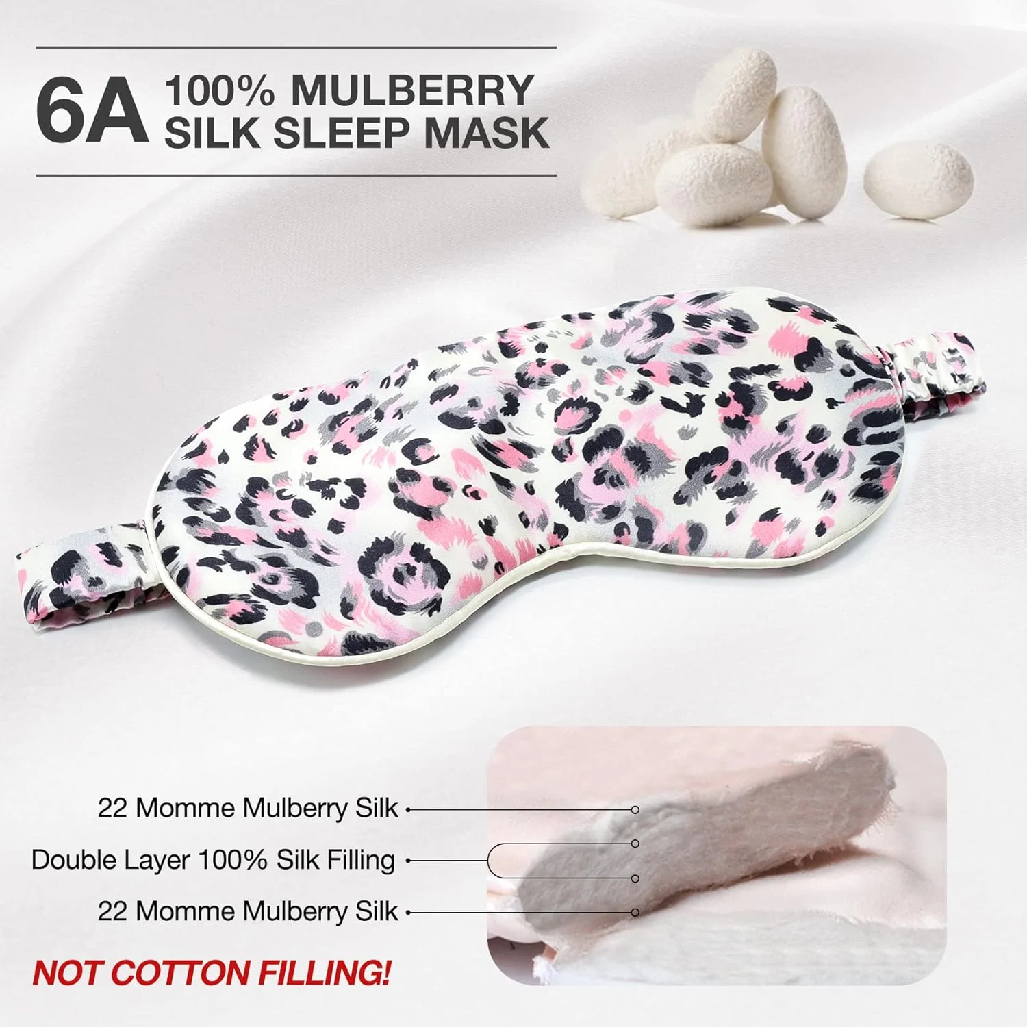 چشم بند خواب ابریشمی MANSPHIL با طرح پلنگی صورتی، سبک و مناسب مراقبت از پوست، ساخته شده از ابریشم خالص 22 Momme با بند کشی برای خواب شب، مسافرت و چرت زدن - جعبه هدیه