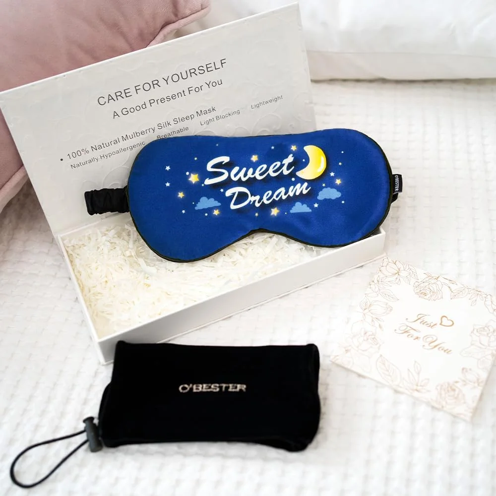 چشم بند خواب ابریشمی خالص او'بستر، پر شده با ابریشم توت 100%، بند قابل تنظیم با روکش ابریشمی، چشم بند نرم ساتن، جعبه هدیه ماسک خواب برای آقایان و بانوان (رویای شیرین)