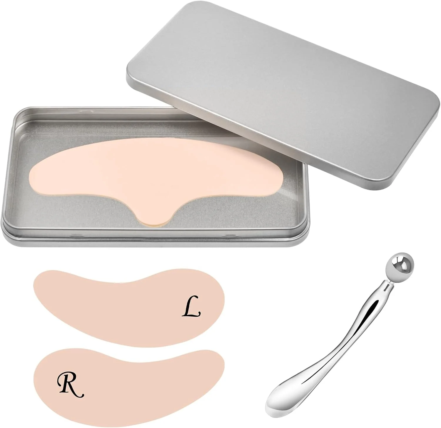 پچ سیلیکونی ضد چروک پیشانی - مجموعه پچ های سیلیکونی قابل استفاده مجدد برای چروک پیشانی و دور چشم، بدون چسب و کشیدگی، اپلیکاتور فلزی کرم دور چشم، جعبه حلبی