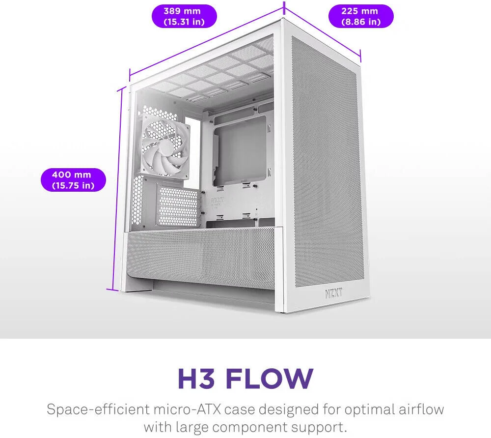 کیس کامپیوتر NZXT H3 Flow، Micro-ATX Mid-Tower با طراحی جریان هوای بالا، پنل جانبی شیشه حرارت دیده، فرم فاکتور جمع و جور، ورودی/خروجی جلو با USB-C و USB 3.2 Gen 1، سفید | CC-H31FW-01