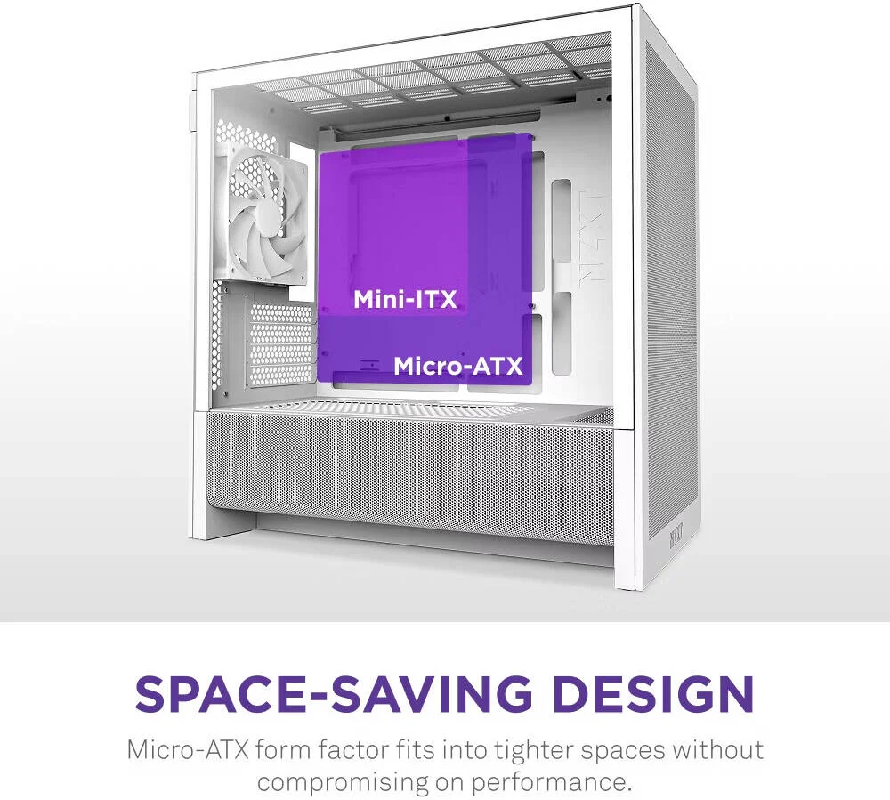 کیس کامپیوتر NZXT H3 Flow، Micro-ATX Mid-Tower با طراحی جریان هوای بالا، پنل جانبی شیشه حرارت دیده، فرم فاکتور جمع و جور، ورودی/خروجی جلو با USB-C و USB 3.2 Gen 1، سفید | CC-H31FW-01