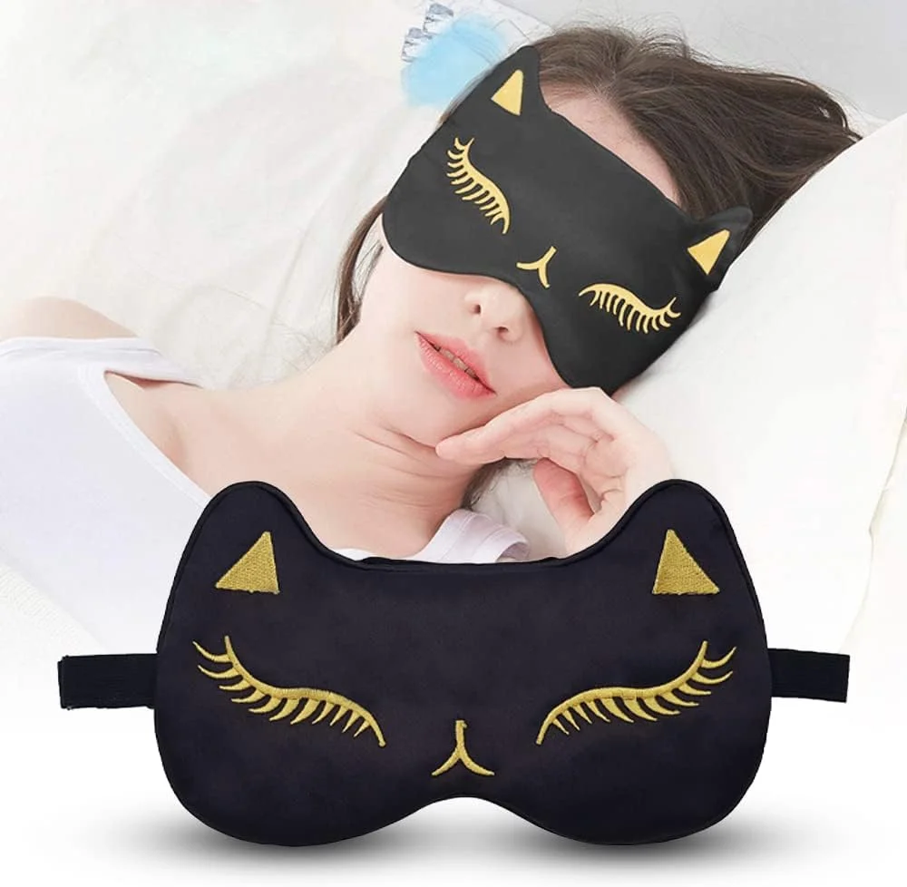 ماسک خواب طرح گربه ابریشمی طبیعی برای بی خوابی، پف چشم و سیاهی دور چشم (مشکی تیره)