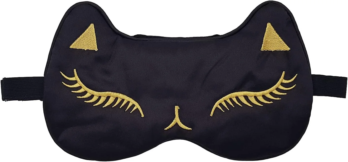 ماسک خواب طرح گربه ابریشمی طبیعی برای بی خوابی، پف چشم و سیاهی دور چشم (مشکی تیره)